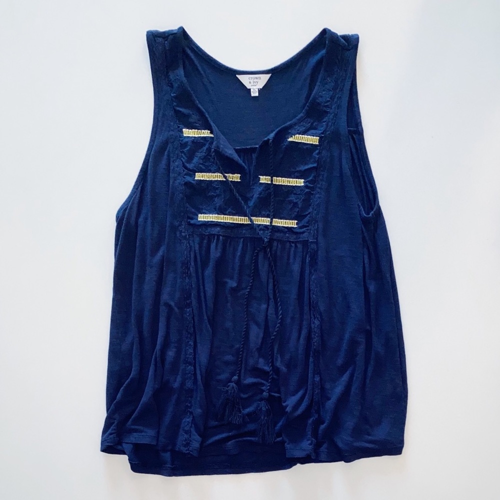 Crown & Ivy Blue Sleeveless Smocked Tie Neck Top